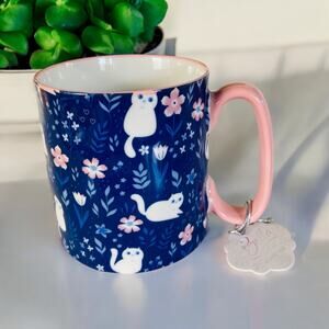 NEW Bella Blue Willow White Cat Cats Ferns & Floral Pink 16oz Coffee Tea Mug